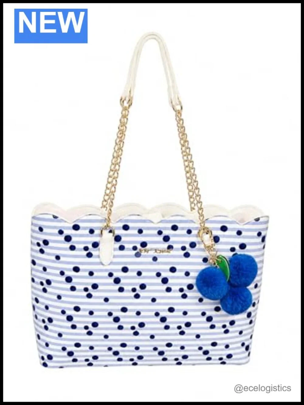 Embroidered Woven Tote Purse with Cherry Pattern, Chain Handles